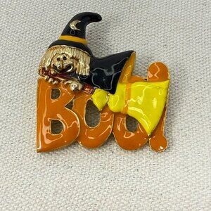 Halloween Boo! Witch‎ Brooch Pin Enamel 1.5" Orange Black